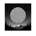 Flower Of Life pattern connecting the stars in a dark sky. a forest  and mountain siloette is seen below on the horizon. tattoo design idea