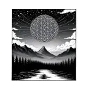 Flower Of Life pattern connecting the stars in a dark sky. a forest  and mountain siloette is seen below on the horizon. tattoo design idea