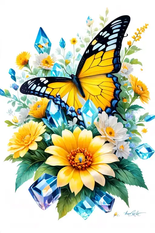 yellow tiger swallow tail butterfly, wildflowers intertwined, crystals and geodes, serene and light aesthetic tattoo design idea