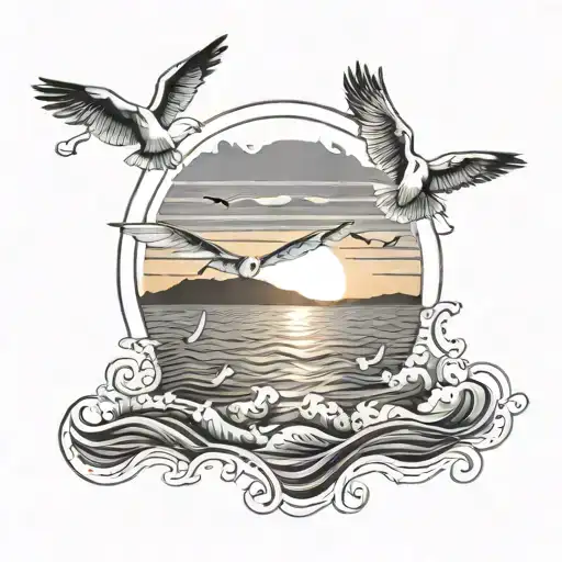 sunrise with water and gulls tattoo design idea