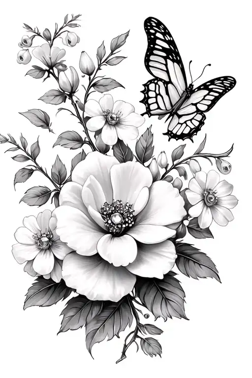 rose vine, cosmos, sweet pea, cherry blossom, lilly of the valley, larkspur, marigold, butterfly, feather, jewels tattoo design idea