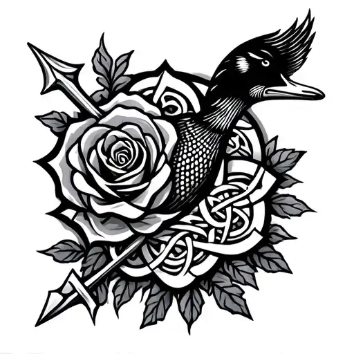 Abstract celtic  loon tattoo with rose and Ukrainian trident  tattoo design idea