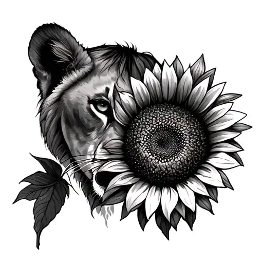 lioness with sunflower in too tattoo design idea