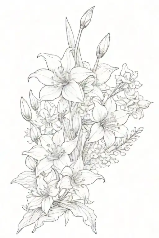 fine line spine tattoo of daffodils, lily of the valley, chrysanthemum, and baby's breath  tattoo design idea