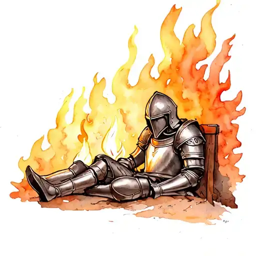 Tired knight in metal uniform and helmet resting by the fire tattoo design idea