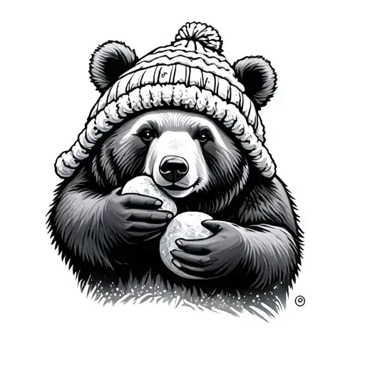 bear wearing winter hat holding pebble tattoo design idea