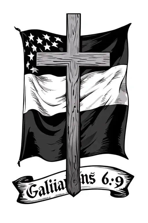 a plain black flag, a wooden Christian cross, and the words "Galatians 6:9" somewhat minimalistic tattoo design idea