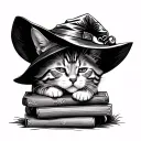 A black and white realistic tattoo design featuring a cute cat wearing a witch's hat, peacefully sleeping on a stack of  tattoo design idea