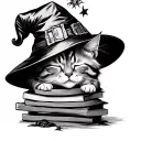A black and white realistic tattoo design featuring a cute cat wearing a witch's hat, peacefully sleeping on a stack of  tattoo design idea