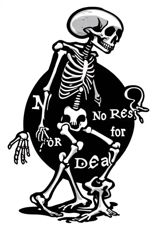 Text saying " No Rest for the Dead" with a Dancing Skeleton tattoo design idea