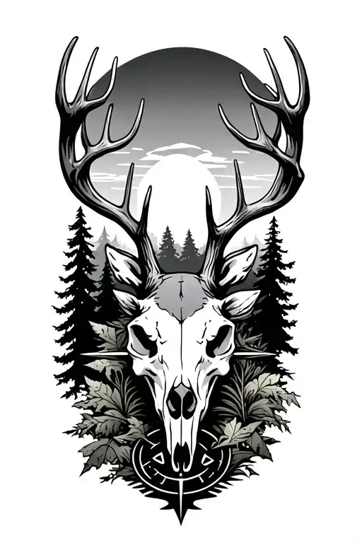 forest, deer skull, compass, sunset tattoo design idea