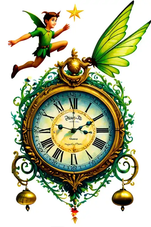 Peter Pan's clock with Peter Pan which flies the bell fairy at the top and the second star above tattoo design idea