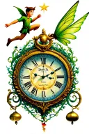 Peter Pan's clock with Peter Pan which flies the bell fairy at the top and the second star above tattoo design idea