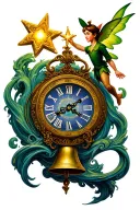 Peter Pan's clock with Peter Pan which flies the bell fairy at the top and the second star above tattoo design idea