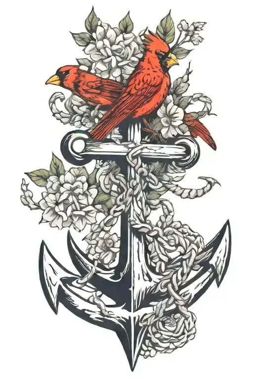 December birth flower flowing out of an anchor with cardinals sitting on a branch  tattoo design idea