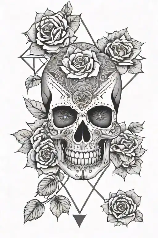 geometric mandala skull surrounded by mandala patterns with roses tattoo design idea