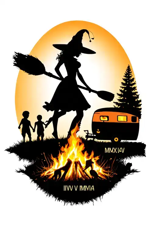 "IV V MMXIV" silhouette of busty sexy witch bride on broomstick over a campsite with a trailer and campfire with children & dog tattoo design idea