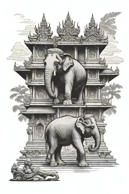 thai temple with elephant  tattoo design idea