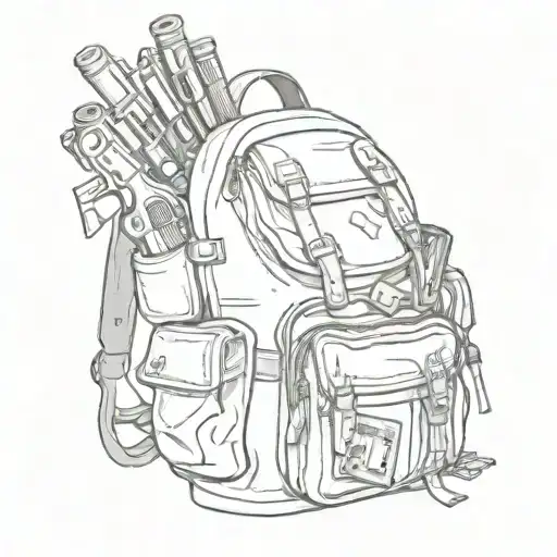 A sketch of a student backpack filled with money and guns, symbolizing the client's pursuit of success through education and their passions. tattoo design idea