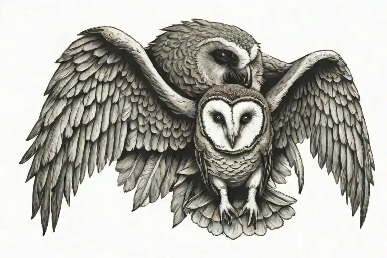 barn owl, wings spread, skull tattoo design idea