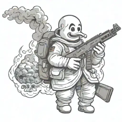 state puff marshmallow man with ak47 smoke and fire  tattoo design idea