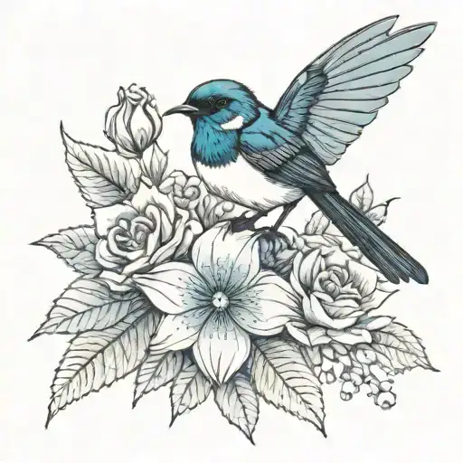 willie-wagtail bird in blackscale holding a singular zelda flower with some blue/colour highlights (not too vibrant).  tattoo design idea