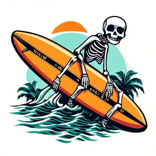 shaka skeleton hand holding a surf board tattoo design idea