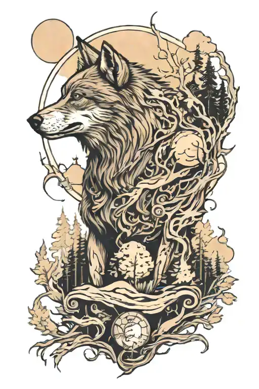 Tattoo on the whole arm, sleeve, animals, wolf, bear, eagle, forest, moon tattoo design idea
