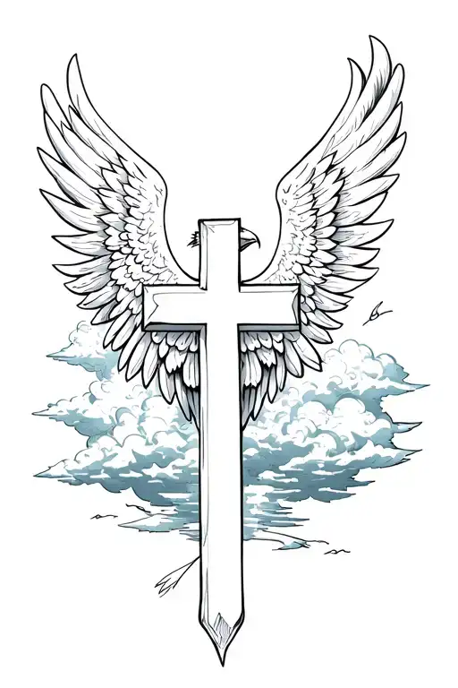 cross with clouds and an eagle wings tattoo design idea
