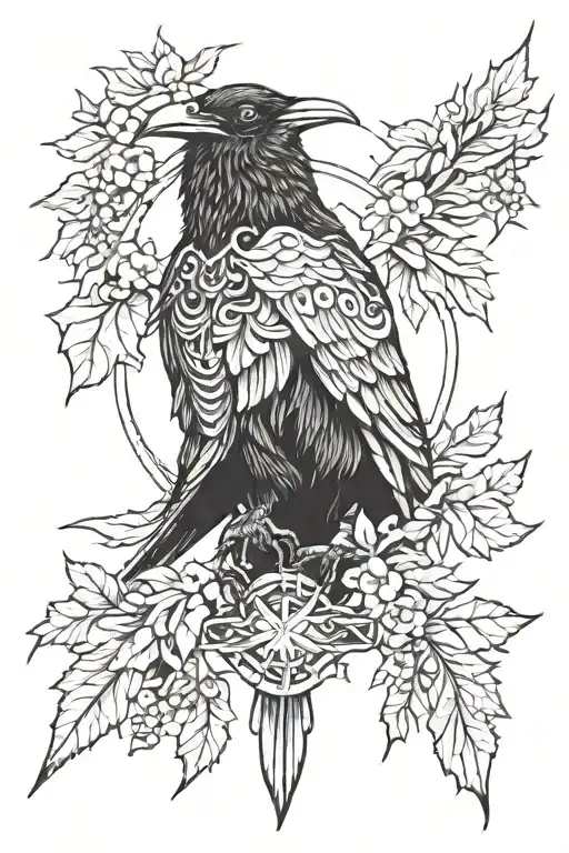 a raven with vines connecting a bear a thunderbird a pheonix a lightning a native warrior boy a chickadee tattoo design idea
