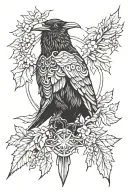 a raven with vines connecting a bear a thunderbird a pheonix a lightning a native warrior boy a chickadee tattoo design idea
