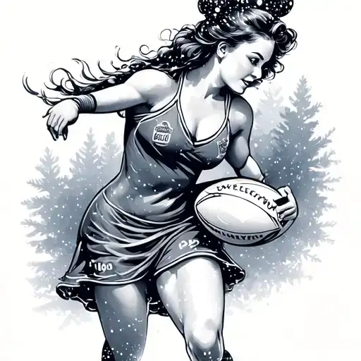 pin up girl playing rugby in the winter landscape tattoo design idea