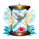 A slightly broken hourglass to represent the calm force with a steep dove, clouds, a hibiscus tattoo design idea