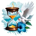 A slightly broken hourglass to represent the calm force with a steep dove, clouds, a hibiscus tattoo design idea