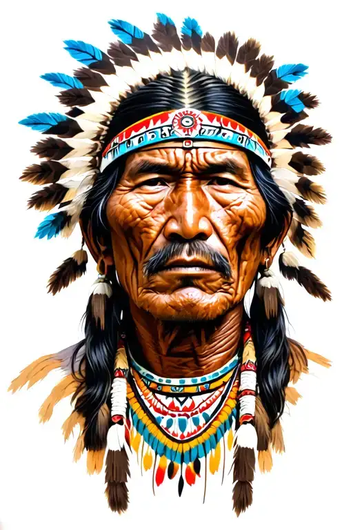 eve American Indian man  with wrinkles and on his face symbols of their cultures tattoo design idea