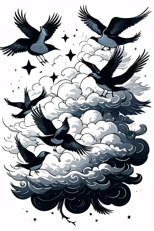 clouds with birds with stars tattoo design idea