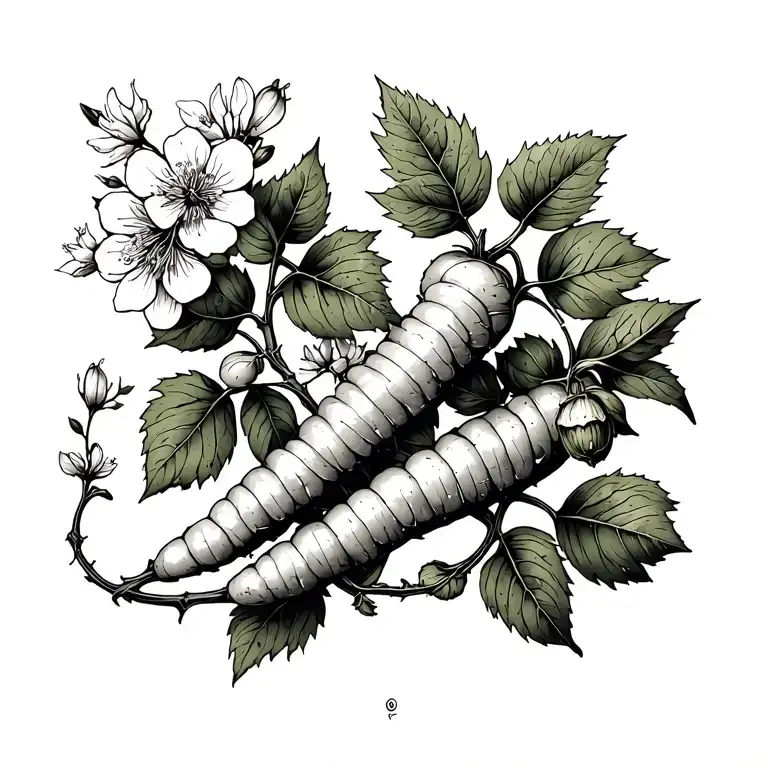 A delicate linework tattoo of a  pea vine with blossoms and pod and a carrot with leafy greens interwinded to infinity  tattoo design idea