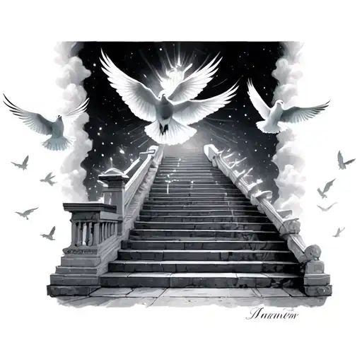 stairway to heaven with doves flying and lights tattoo design idea