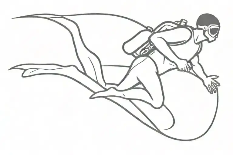 male scuba diver swimming horizontally to the ocean bottom, small tanks and large fins elongated tattoo design idea