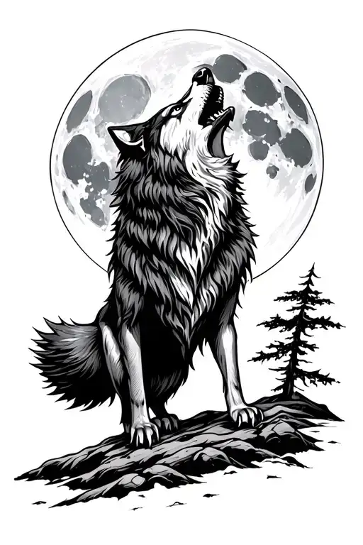 Viking wolf howling at the moon tattoo design idea