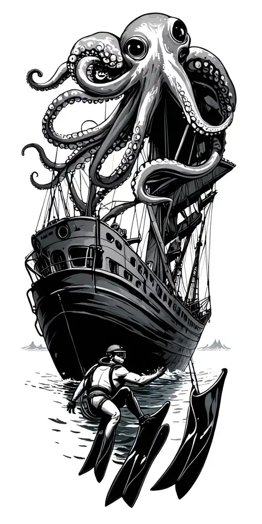 undewater scene with scuba diver wearing fins on his feet descending into sunken shipreck with octopus above tattoo design idea