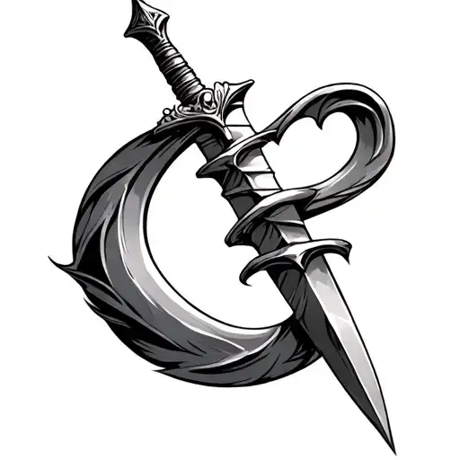 cursive c wrapped around a small dagger tattoo design idea