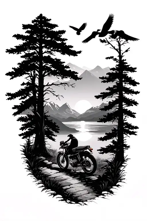 pathway trees mountains sunset birds walking motorbike tattoo design idea