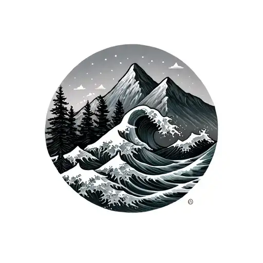 mountains waves evergreen tree  tattoo design idea
