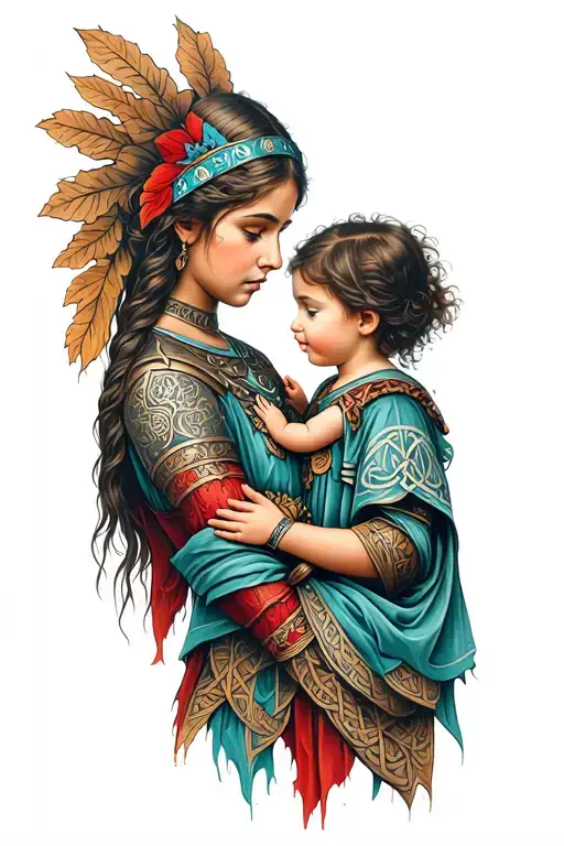 Right Arm SleeveTheme: Celtic or Métis warrior mother and child tattoo design idea