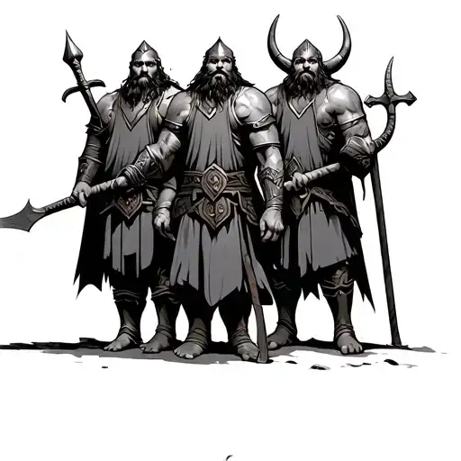 3 Viking warriors standing together tattoo design idea
