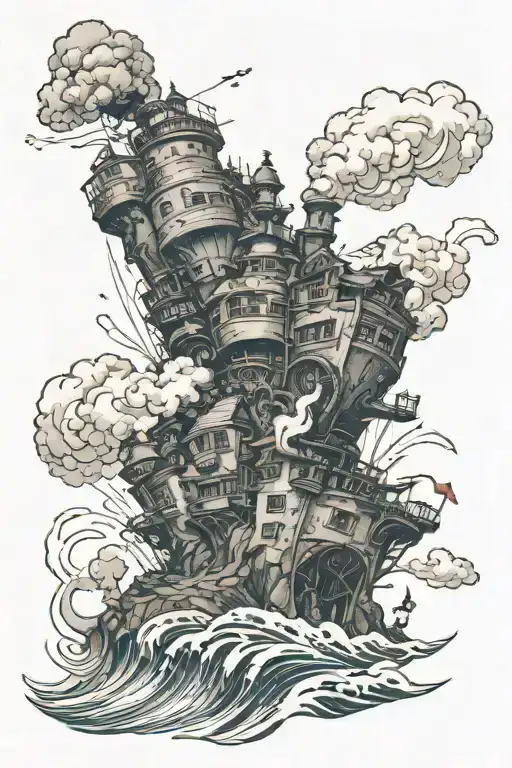 Howl"s Moving Castle With Blasting Waves Crashing tattoo design idea