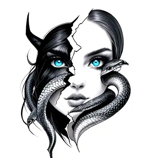 demon women head half face buitiful blue eyes snake broken heart tattoo design idea