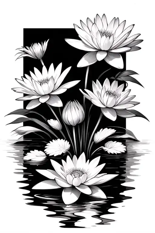 1 water lily on water at bottom, asters growing up with long stems, shadows from the flowers and heavy shading tattoo design idea
