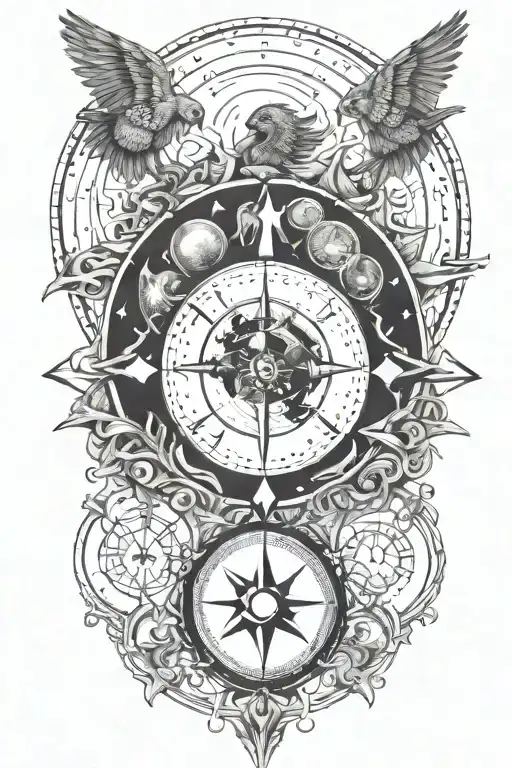 earth, moon, compass, time, phoenix tattoo design idea